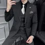 Set: Lapel Collar Pinstriped Double Breasted Blazer + V-Neck Vest + High Waist Dress Pants