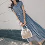 Cap-Sleeve Plain Slit Midi Button-Front Belted Dress