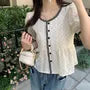 Short Sleeve Crew Neck Dotted Peplum Blouse