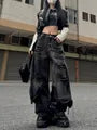 Mock Two-Piece Mid Rise Washed Fringed Distressed Wide Leg Jeans
