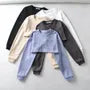 Set: Round Neck Plain Crop Pullover + Drawstring Waist Sweat Shorts