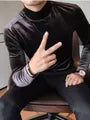 Long-Sleeve Mock Neck Plain Velvet Slim Fit T-Shirt