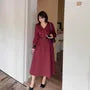 [XL-4XL] Long-Sleeve V-Neck Contrast Trim Double-Breasted Midi A-Line Dress / Belt