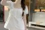 Short-Sleeve Square Neck Plain Lace Trim Peplum Blouse