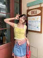 High Waist Gingham Panel Button Fly Denim Mini A-Line Skirt