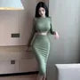 Set: Long-Sleeve Plain Crop Knit Top + High Waist Midi Pencil Skirt