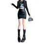 High Waist Plain Ruched Faux Leather Mini Pencil Skirt