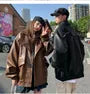 Couple Matching Collared Plain Panel Faux Leather Button Jacket