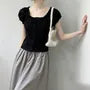 Puff Sleeve Scoop Neck Lace-TRim Tie-Front Slim-Fit Top