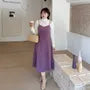 [XL-4XL] Set: Long-Sleeve Turtleneck Lace Top + Spaghetti Strap V-Neck Plain Midi A-Line Dress