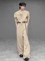 Long-Sleeve Tie Neck Plain Button Up Shirt / Mid Rise Plain Wide Leg Dress Pants / Set