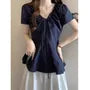 Short Sleeve V-Neck Drawstring Plain Slim-Fit Blouse