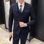 Set: Lapel Collar Plain Single Breasted Blazer + Mid Rise Plain Dress Pants + V-Neck Plain Single Breasted Vest