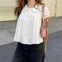 Short-Sleeve Peter Pan Collar Double Breasted Plain Crop Blouse