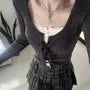 Henley Plain Ribbed Lace Trim Cami Top / Tie Front Cardigan / Mid Rise Plaid Pleated Mini A-Line Skirt