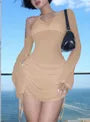 Long Sleeve One Shoulder Plain Drawstring Mini Sheath Dress
