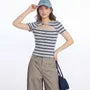 Short Sleeve Crew Neck Striped Cut-Out Twisted Button Front Slim-Fit T-Shirt