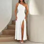 Spaghetti Strap One Shoulder Plain Ruched Slit Maxi A-Line Dress