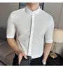 Elbow-Sleeve Band Collar Plain Shirt