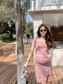 Short-Sleeve Crew Neck Striped Slit Sheath Dress