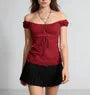 Short Sleeve Off Shoulder Plain Lace Panel Tie-Front Sheer Top