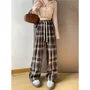 Drawstring Waist Plaid Wide Leg Pants