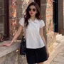 Short Sleeve Doll Collar Striped Button Detail Loose-Fit Blouse