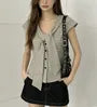 Cap Sleeve V-Neck Tie-Front Gingham Slim-Fit Shirt