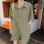 3/4-Sleeve Collared Plain Buttoned Wide Leg Romper