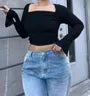 [XL -3XL] Long-Sleeve Square Neck Plain Crop Top
