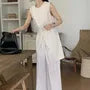 Set: Sleeveless Round Neck Plain Panel Slit Top + High Waist Wide Leg Pants
