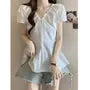 Short Sleeve V-Neck Drawstring Plain Slim-Fit Blouse