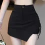High Waist Plain Asymmetrical Drawstring Skort
