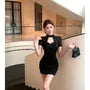 Short-Sleeve Stand Collar Cutout Lace Mini Bodycon Dress