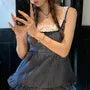 Mock Two Piece Square-Neck Lace-Trim Color-Block Checked Cami Top
