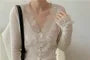 V-Neck Lace Panel Button-Up Sheer Cardigan