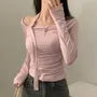 Long Sleeve Off-Shoulder Knotted Slim-Fit Crop Top