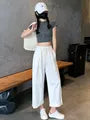 Drawstring Waist Lace Trim Cropped Straight Leg Pants