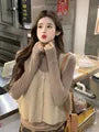 Long Sleeve Turtleneck Plain Top / Scoop Neck Plain Button Sweater Vest