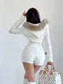 Long-Sleeve Fluffy Trim Hooded Half-Buttoned Cable Knit Romper