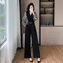 Long-Sleeve V-Neck Striped Panel Wide Leg Jumpsuit
