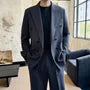 Lapel Collar Plain Double Breasted Blazer / Mid Rise Plain Wide Leg Pants