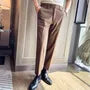 Mid Rise Plain Cropped Straight Leg Dress Pants
