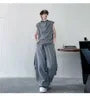 Set: Sleeveless Band Collar Plain T-Shirt + Drawstring Waist Plain Baggy Sweatpants