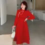 [XL-4XL] Long Sleeve Mandarin Collar Faux Pearl Trim Jacquard Midi A-Line Dress