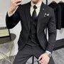 Set: Notch Lapel Plaid Single-Button Blazer + Single-Breasted Vest + Mid Rise Cropped Tapered Dress Pants