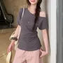Short-Sleeve Asymmetrical Neck Off-Shoulder Plain Ruched T-Shirt