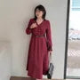 [XL-4XL] Long-Sleeve V-Neck Contrast Trim Double-Breasted Midi A-Line Dress / Belt