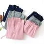 Pajama Set: Elbow-Sleeve Plain Kimono Top + Elastic Waist Pants