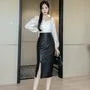 High Rise Plain Slit Faux Leather Midi Pencil Skirt